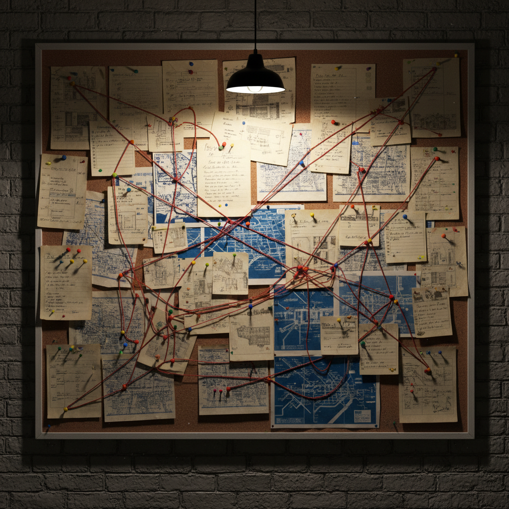 An intricate corkboard fills the frame, mounted on a cracked brick wall: interconnected index cards, torn notebook pages, subway maps, and photocopied building blueprints pinned with colorful pushpins and connected by red cotton string. Each snippet of text is partially legible—street names, times, cryptic phrases—hinting at intersecting urban lives. A single bare bulb hangs above, casting dramatic, directional light that creates deep shadows and intense highlights, giving the scene a noir-like tension. Dust particles are visible in the beam, adding texture. Photographic realism, shot straight-on with sharp focus across the entire board, the composition feels meticulously organized yet chaotic, embodying the sophisticated complexity and layered plotting of urban fiction narratives.