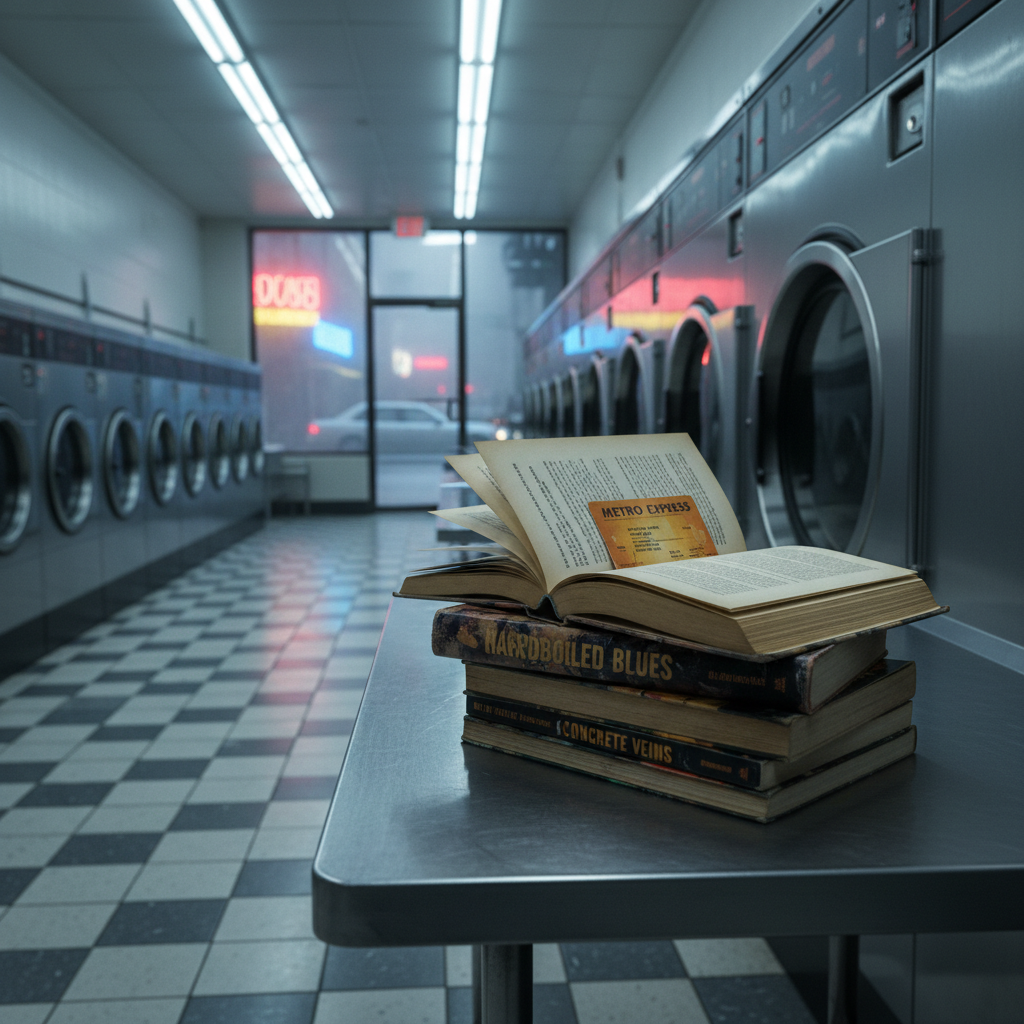 A stack of dog-eared paperbacks with cracked spines and bold, gritty cover art sits on a stainless-steel laundromat folding table, beside a humming industrial washing machine. The top book is slightly open, revealing underlined passages and a faded transit card used as a bookmark. Fluorescent ceiling lights reflect off the metal surfaces and the polished, slightly grimy tile floor, creating harsh, cool highlights and elongated shadows. Through the large, fogged-up front window, a blurred streetscape of neon signage and passing traffic glimmers in the wet pavement. Photographic realism, eye-level composition with the books framed by rows of machines, the mood is raw yet sophisticated, suggesting urban fiction as a secret escape within an unforgiving environment.