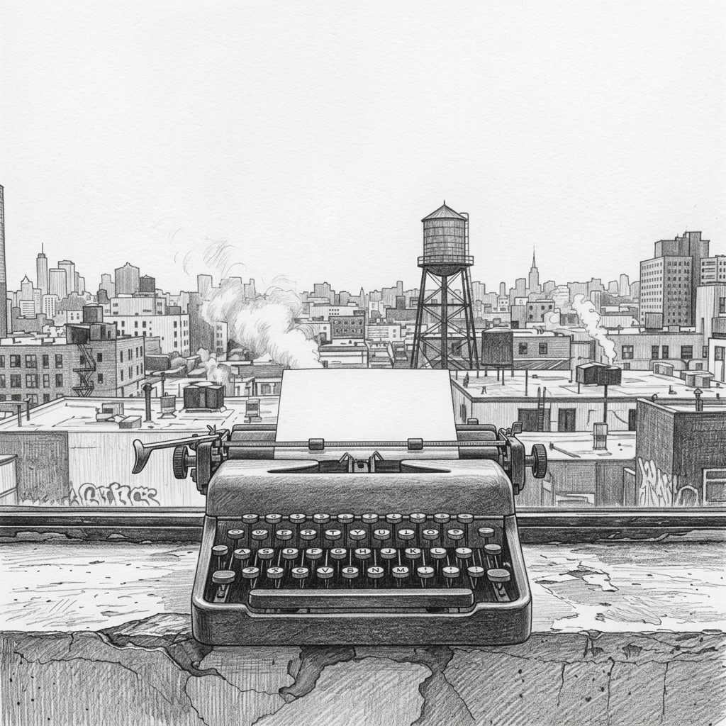 A battered black typewriter with a missing keycap and faint scratches sits alone on a chipped concrete windowsill in a high-rise apartment, a single sheet of crisp white paper rolled into the platen. Through the smudged glass window, an overcast cityscape stretches outward—graffiti-covered rooftops, steam rising from vents, and a rusted water tower. Cool, diffused daylight filters through, wrapping the typewriter in soft, even illumination while subtle reflections shimmer on its metal arms. One corner of the paper curls slightly, catching the light. Photographic realism, composed using the rule of thirds with a slightly elevated angle, creating a quiet, tense atmosphere that suggests stories emerging from the hard edges of urban life.