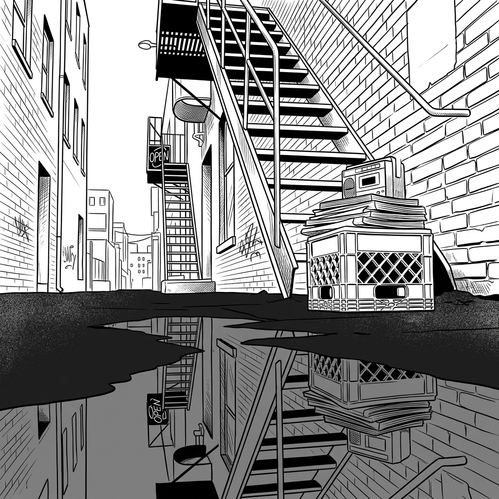 A narrow, dimly lit alleyway at blue hour, its uneven asphalt glistening with recent rain, reflects fragments of neon signage in pools of water. A metal fire escape zigzags down the brick walls, rust flaking near each bolt. Against one wall, a small stack of worn composition notebooks and an old cassette recorder rest on an overturned milk crate, their surfaces damp and speckled with city grime. Overhead, a single flickering security light casts intermittent pools of harsh white illumination, alternating with deep, velvety shadows. Photographic realism, low-angle perspective from the ground-level puddles, capturing the reflections and grit in fine detail, conveying a mood of tension, secrecy, and untold stories recorded on the margin of urban existence.