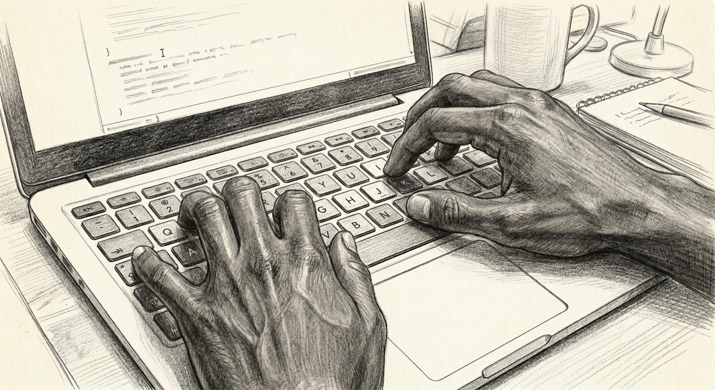 Detailed pencil sketch of hands typing on a laptop keyboard with code on the screen