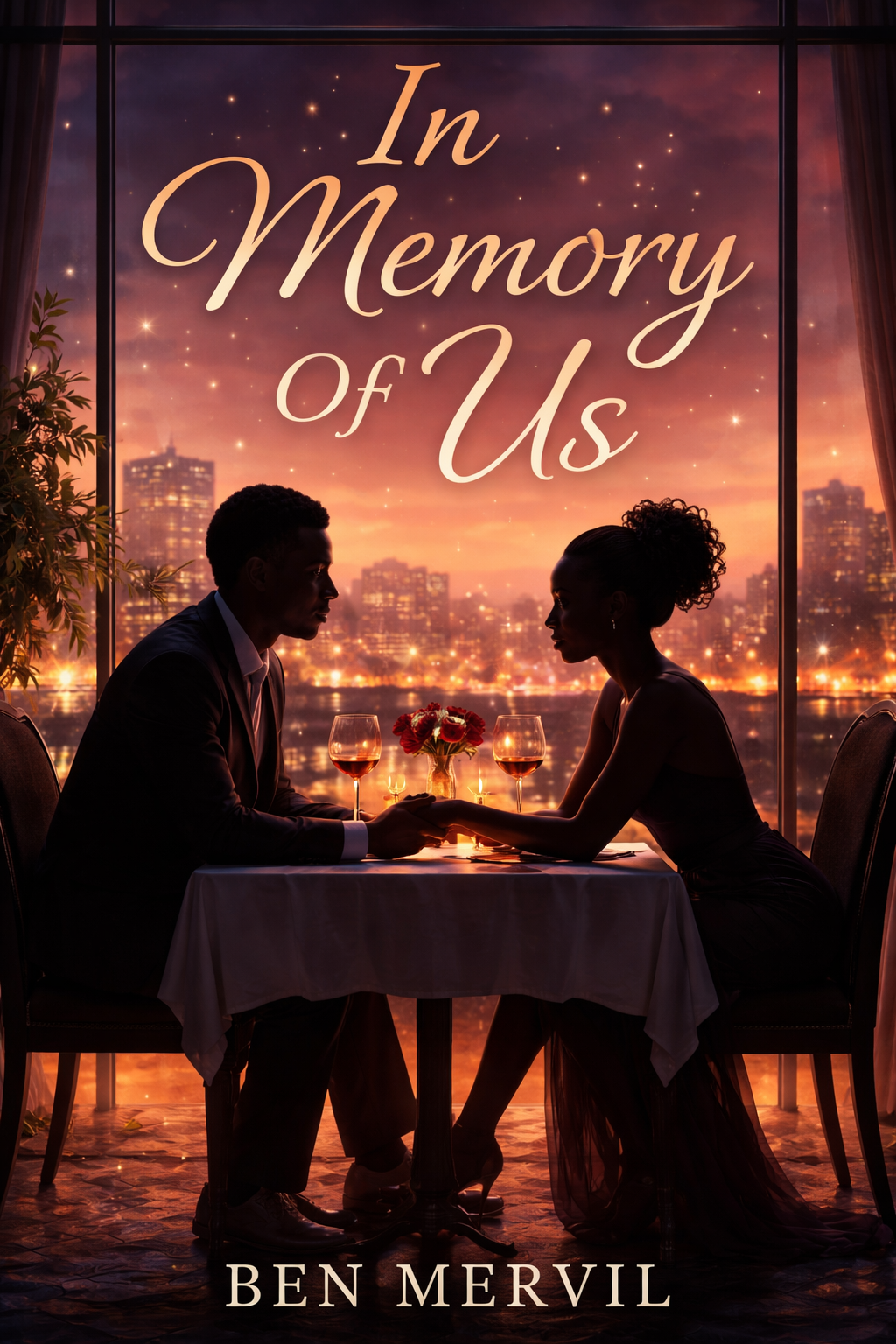 Cover of the novel "In Memory Of Us" by Ben Mervil, depicting a couple seated at a table at dusk with a city skyline in the background.