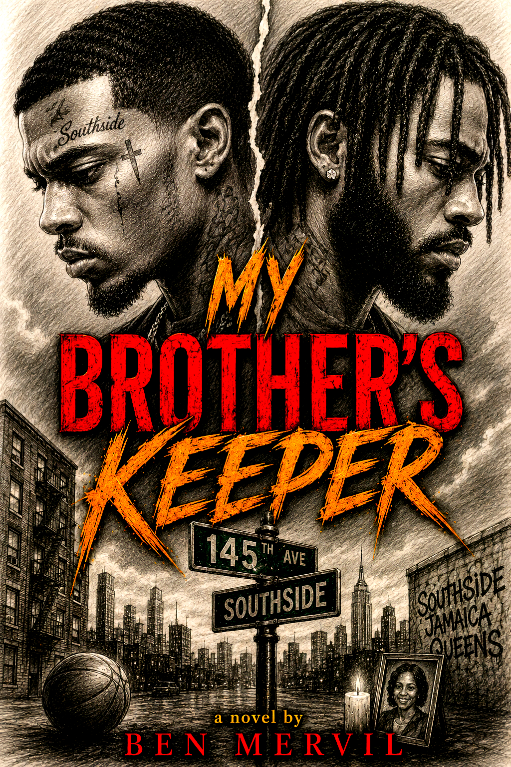 Cover of the novel "My Brother's Keeper" by Ben Mervil, featuring two men in profile facing away from each other above an urban street scene.